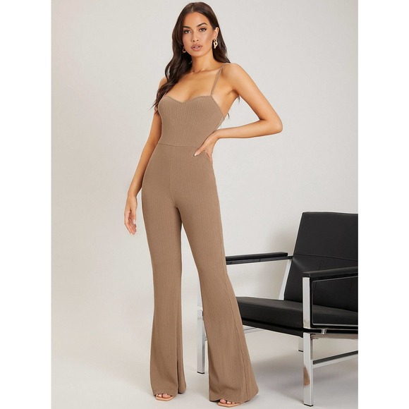 ❗️ Minimalist Open Back Cami Jumpsuit flared pants burgundy - Picture 9 of 11